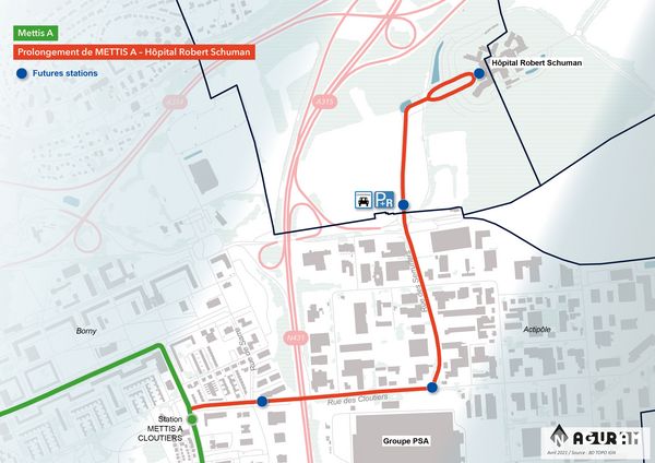 Cartographie du tracé de la ligne A de mettis. Itinéraire décrit précédemment.